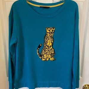 Jane and Delancey Turquoise Lightweight Sweatshirt with Yellow Leopard Motif